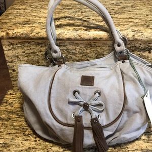 Gray Bold Lotus Tassel leather accents hobo bag